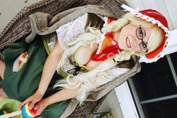 Size: 900x598 | Tagged: safe, artist:noflutter, granny smith, human, g4, cleavage, cosplay, female, glasses, irl, irl human, photo, solo, young granny smith