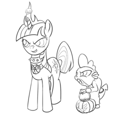 Size: 1116x1035 | Tagged: safe, artist:rubrony, spike, twilight sparkle, g4, halloween, monochrome