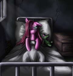Size: 1155x1200 | Tagged: dead source, safe, artist:28gooddays, gummy, pinkie pie, earth pony, pony, g4, american mcgee's alice, asylum, bed, crossover, doll, female, floppy ears, frown, hospital, pinkamena diane pie, plushie, solo, toy