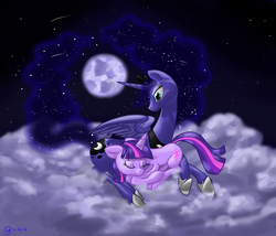 Size: 1774x1520 | Tagged: safe, artist:dpluva, princess luna, twilight sparkle, alicorn, pony, unicorn, g4, cloud, floppy ears, moon, night, sleeping, snuggling, unicorn twilight