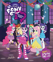 Size: 497x581 | Tagged: safe, applejack, fluttershy, pinkie pie, rainbow dash, rarity, scott green, teddy t. touchdown, twilight sparkle, alicorn, equestria girls, g4, my little pony equestria girls, balloon, bare shoulders, boots, dancing, date, disco ball, fall formal, fall formal outfits, high heel boots, humane five, humane six, ponied up, ponytail, sleeveless, strapless, the hub, twilight sparkle (alicorn)