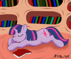 Size: 600x500 | Tagged: safe, artist:ks-claw, twilight sparkle, g4, book, female, golden oaks library, library, sleeping, solo