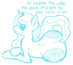 Size: 1000x891 | Tagged: safe, artist:redcladhero, princess luna, alicorn, pony, g4, butt, crown, dialogue, female, hips, jewelry, looking at you, mare, monochrome, moonbutt, plot, regalia, scrunchy face, solo, the ass was fat, wide hips