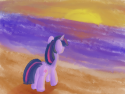Size: 1024x768 | Tagged: safe, artist:tggeko, twilight sparkle, pony, unicorn, g4, beach, female, solo, sunset, unicorn twilight