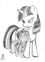 Size: 894x1224 | Tagged: safe, artist:masternodra, twilight sparkle, oc, oc:nyx, pony, unicorn, fanfic:past sins, g4, duo, fanfic art, female, filly, foal, grayscale, mare, monochrome, mother and child, mother and daughter, pencil drawing, raised hoof, signature, traditional art, unicorn twilight