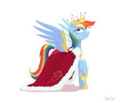 Size: 1600x1350 | Tagged: safe, artist:kaermter, rainbow dash, pegasus, pony, g4, clothes, crown, female, hooves, jewelry, lineless, mare, queen, raised hoof, regalia, simple background, solo, spread wings, transparent background, wings