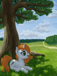 Size: 1500x2000 | Tagged: dead source, safe, artist:ivg89, oc, oc only, pony, unicorn, field, scenery, solo, tree