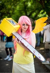 Size: 508x740 | Tagged: safe, fluttershy, human, .mov, shed.mov, g4, chainsaw, cosplay, fluttershed, irl, irl human, photo, pony.mov