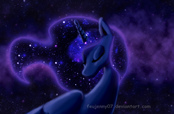 Size: 900x590 | Tagged: safe, artist:feujenny07, princess luna, g4, eyes closed, female, galaxy mane, portrait, smiling, solo