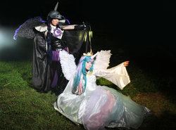 Size: 1023x757 | Tagged: safe, artist:alexamadden, nightmare moon, princess celestia, human, g4, cosplay, irl, irl human, photo