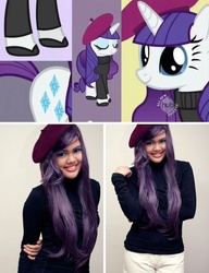 Size: 474x618 | Tagged: safe, artist:patdes, rarity, human, g4, beatnik rarity, beret, clothes, cosplay, hat, irl, irl human, photo, sweater