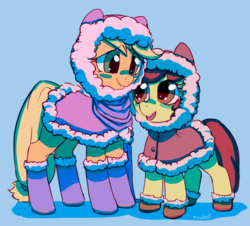 Size: 800x722 | Tagged: safe, artist:mewball, apple bloom, applejack, earth pony, pony, g4, apple sisters, bundled up, bundled up for winter, clothes, cute, female, filly, foal, mare, siblings, signature, sisters, winter outfit