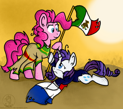 Size: 1182x1050 | Tagged: safe, artist:daisy-dictator, pinkie pie, rarity, g4, cinco de mayo, duo, flag, floppy ears, france, french, frown, messy mane, mexico, prone, sad, smiling, zacapoaxtla