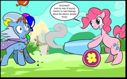 Size: 1280x800 | Tagged: safe, artist:pinktrixie, pinkie pie, trixie, g4, balloon, comic, confetti, partillery, party cannon, windswept mane