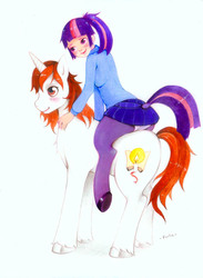Size: 879x1200 | Tagged: safe, artist:-fuchs-, oc, oc only, oc:candlelight, oc:glimmer, pony, satyr, unicorn, ass, blushing, butt, clothes, colored, couple, duo, hooves, parent:twilight sparkle, plot, riding, skirt, smiling, upskirt