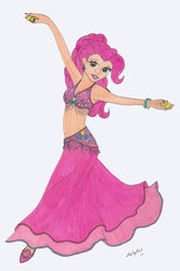 Size: 900x1357 | Tagged: safe, artist:zellykat, pinkie pie, human, g4, belly button, belly dancer, belly dancer outfit, cleavage, ear piercing, female, humanized, jewelry, midriff, piercing, solo, traditional art