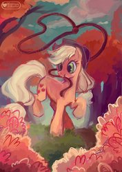 Size: 1024x1448 | Tagged: dead source, safe, artist:meownyo, applejack, earth pony, pony, g4, female, forest, lasso, mouth hold, raised hoof, raised leg, solo, turned head