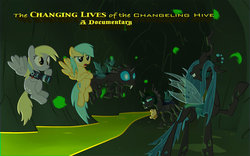 Size: 1024x640 | Tagged: safe, artist:grazehunter, derpy hooves, queen chrysalis, sunshower raindrops, changeling, pegasus, pony, g4, camera, female, mare, muffin