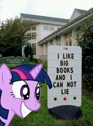 Size: 499x671 | Tagged: safe, twilight sparkle, g4, baby got back, library, ponies in real life, sign, sir mix-a-lot, song reference