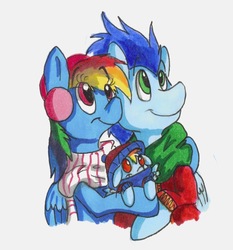 Size: 1113x1192 | Tagged: safe, artist:frankilew, rainbow dash, soarin', oc, g4, clothes, female, male, offspring, parent:rainbow dash, parent:soarin', parents:soarindash, ship:soarindash, shipping, simple background, straight, traditional art, white background