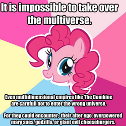 Size: 889x889 | Tagged: safe, pinkie pie, kaiju, g4, adventure in the comments, advice meme, cheeseburger, combine, exploitable meme, godzilla (series), half-life, meme, multiverse, pinkie pie advice, wrong universe