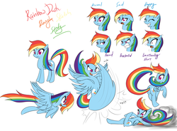 Size: 3465x2550 | Tagged: dead source, safe, artist:reikomuffin, rainbow dash, pegasus, pony, g4, angry, butt, expressions, frustrated, happy, kicking, peeved, plot, sad, sketch dump