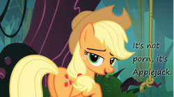 Size: 1023x572 | Tagged: safe, edit, edited screencap, screencap, applejack, earth pony, pony, g4, spike at your service, applebutt, bedroom eyes, butt, caption, female, insane pony thread, mare, not porn, plot, rope, solo, text, tumblr