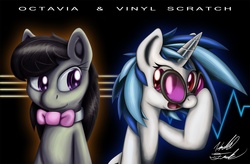 Size: 1400x917 | Tagged: safe, artist:fuzon-s, dj pon-3, octavia melody, vinyl scratch, g4, heterochromia, red eyes