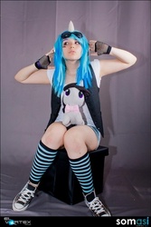 Size: 493x740 | Tagged: safe, artist:angelica rico, dj pon-3, octavia melody, vinyl scratch, human, g4, clothes, cosplay, fingerless gloves, gloves, irl, irl human, photo, plushie, sitting, solo