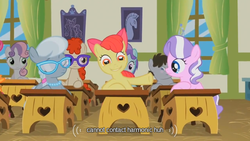 Size: 640x360 | Tagged: safe, screencap, apple bloom, diamond tiara, liza doolots, petunia, princess celestia, scootaloo, silver spoon, sweetie belle, tootsie flute, truffle shuffle, twist, family appreciation day, g4, meme, ponyville schoolhouse, slasher smile, youtube caption