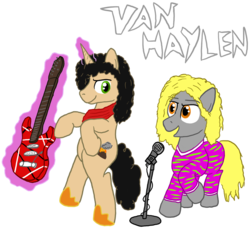 Size: 1000x915 | Tagged: safe, artist:paper-pony, earth pony, pony, unicorn, bipedal, classic rock ponies, david lee roth, eddie van halen, electric guitar, guitar, magic, microphone, musical instrument, ponified, rock (music), simple background, transparent background, van halen