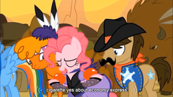 Size: 640x360 | Tagged: safe, screencap, little strongheart, pinkie pie, rainbow dash, sheriff silverstar, bison, buffalo, earth pony, pony, g4, over a barrel, clothes, dress, female, male, mare, puffy sleeves, saloon dress, saloon pinkie, stallion, unnamed buffalo, unnamed character, youtube caption
