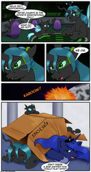 Size: 600x1129 | Tagged: safe, artist:thedigodragon, princess luna, queen chrysalis, changeling, nymph, g4, box, changeling in a box, comic, cute, cutealis, the last starfighter