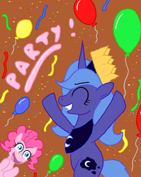 Size: 677x849 | Tagged: safe, artist:paper-pony, pinkie pie, princess luna, g4, balloon, filly, party, woona