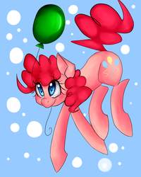 Size: 800x1000 | Tagged: safe, artist:pyupew, pinkie pie, earth pony, pony, g4, balloon, blue background, blushing, cute, diapinkes, female, mare, mouth hold, simple background, solo