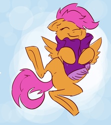 Size: 1349x1519 | Tagged: safe, artist:linnyillustrates, scootaloo, pegasus, pony, g4, cheek fluff, clothes, cute, cutealoo, eyes closed, featureless crotch, female, filly, floppy ears, on back, scarf, solo
