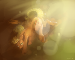 Size: 1280x1024 | Tagged: safe, artist:wolfiedrawie, applejack, g4, bucking, female, lens flare, looking back, solo, underhoof