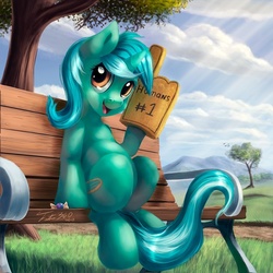 Size: 600x600 | Tagged: safe, artist:tsitra360, lyra heartstrings, pony, unicorn, g4, bench, candy, female, foam finger, open mouth, open smile, sitting, sitting lyra, smiling, solo