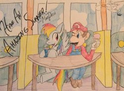 Size: 1024x750 | Tagged: safe, artist:kaitlynfox-dog, rainbow dash, pegasus, pony, g4, crossover, crossover shipping, female, ice cream, looking at each other, male, maridash, mario, one eye closed, shipping, sitting, straight, super mario bros., traditional art, wink