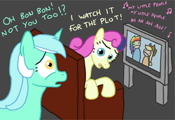 Size: 759x521 | Tagged: safe, artist:paper-pony, applejack, bon bon, lyra heartstrings, rainbow dash, sweetie drops, human, g4, couch, humanized, i watch it for the plot, my little human, role reversal, television