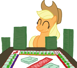 Size: 795x705 | Tagged: safe, artist:paper-pony, applejack, earth pony, pony, g4, applejack's hat, board game, cowboy hat, dosh, eyes closed, female, hat, mare, money, monopoly, monopony, solo