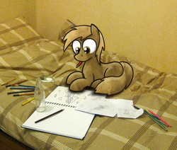 Size: 756x642 | Tagged: safe, artist:paper-pony, oc, oc only, oc:paper pony, earth pony, pony, bed, drawing, male, mouth hold, pencil, ponies in real life, prone, solo, stallion