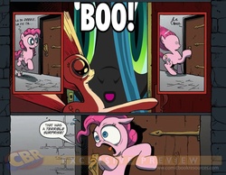 Size: 900x700 | Tagged: safe, idw, pinkie pie, queen chrysalis, g4, exploitable meme, meme, surprise door