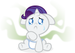 Size: 1500x1060 | Tagged: safe, artist:broccolimeansfun, rarity, pony, unicorn, g4, babity, baby, baby pony, crying, diaper, female, filly, foal, horn, messy diaper, simple background, smelly, solo, transparent background, visible stench