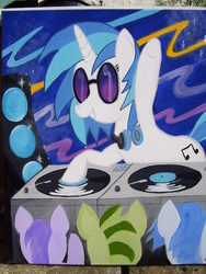 Size: 2144x2848 | Tagged: safe, artist:equestriapaintings, dj pon-3, vinyl scratch, g4, headphones, photo, speaker, traditional art, turntable