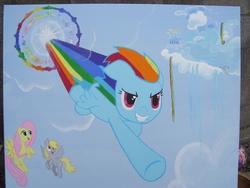 Size: 2848x2144 | Tagged: safe, artist:equestriapaintings, derpy hooves, fluttershy, rainbow dash, pegasus, pony, g4, cloudsdale, female, mare, photo, sonic rainboom, traditional art