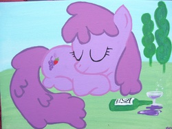 Size: 2848x2144 | Tagged: safe, artist:equestriapaintings, berry punch, berryshine, g4, female, photo, sleeping, solo, traditional art, wine