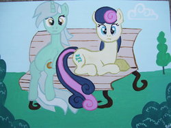 Size: 900x678 | Tagged: safe, artist:equestriapaintings, bon bon, lyra heartstrings, sweetie drops, g4, photo, traditional art