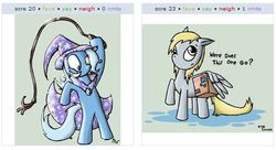 Size: 526x286 | Tagged: safe, derpy hooves, trixie, pegasus, pony, g4, exploitable meme, female, juxtaposition, juxtaposition win, mare, meme, meta, whip