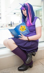 Size: 551x900 | Tagged: safe, artist:positori, artist:rose0fmay, twilight sparkle, human, g4, book, clothes, cosplay, irl, irl human, kneesocks, photo, reading, school uniform, schoolgirl, skirt, solo